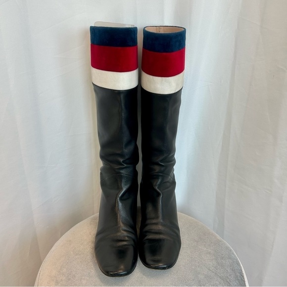 GUCCI ‘Jem’ black leather faux Pearl red blue white velvet stripe riding boot 39 - Picture 4 of 15